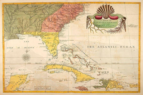Map of Carolina, Florida and the Bahama Islands White Modern Wood Framed Art Print with Double Matting by Catesby, Mark