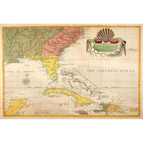 Map of Carolina, Florida and the Bahama Islands White Modern Wood Framed Art Print by Catesby, Mark