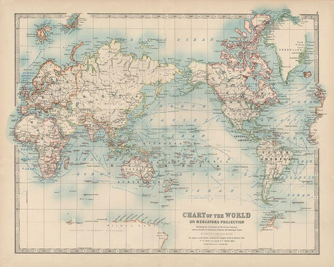 Johnstons Chart of the World White Modern Wood Framed Art Print with Double Matting by Johnston