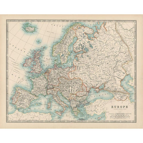 Johnstons Map of Europe Gold Ornate Wood Framed Art Print with Double Matting by Johnston