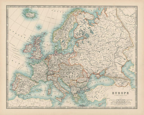 Johnstons Map of Europe White Modern Wood Framed Art Print with Double Matting by Johnston