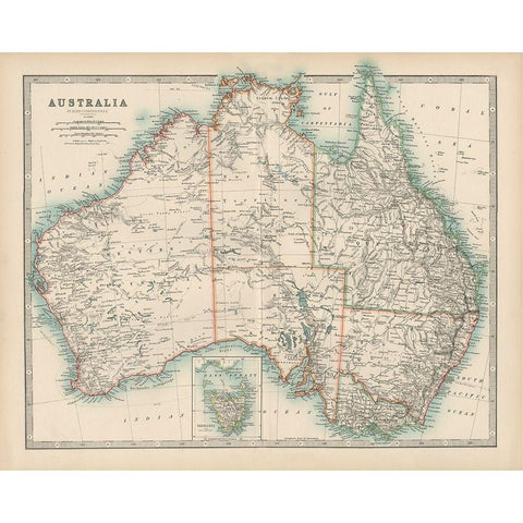 Johnstons Map of Australia White Modern Wood Framed Art Print by Johnston