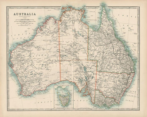 Johnstons Map of Australia White Modern Wood Framed Art Print with Double Matting by Johnston