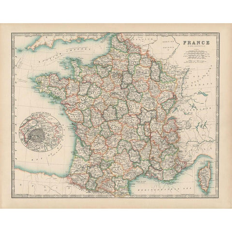 Johnstons Map of France Black Modern Wood Framed Art Print with Double Matting by Johnston