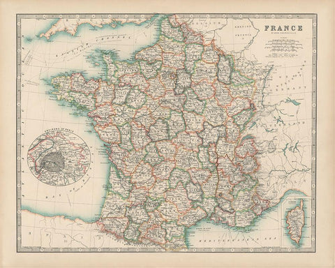 Johnstons Map of France Black Ornate Wood Framed Art Print with Double Matting by Johnston