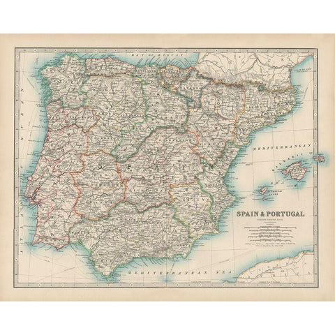 Johnstons Map of Spain and Portugal White Modern Wood Framed Art Print by Johnston