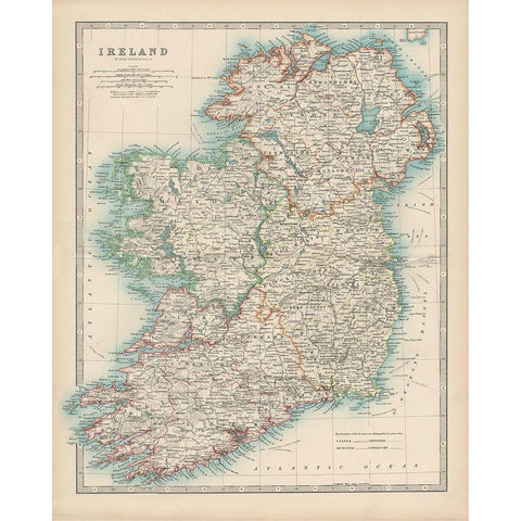 Johnstons Map of Ireland Gold Ornate Wood Framed Art Print with Double Matting by Johnston