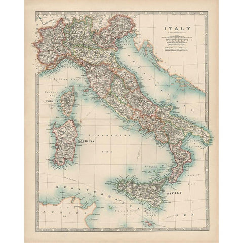 Johnstons Map of Italy Gold Ornate Wood Framed Art Print with Double Matting by Johnston