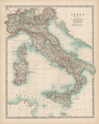 Johnstons Map of Italy Black Ornate Wood Framed Art Print with Double Matting by Johnston