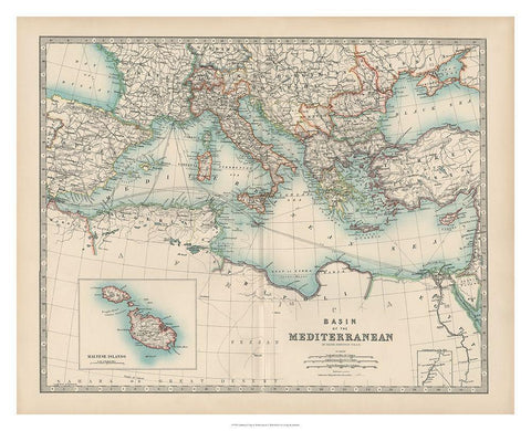 Johnstons Map of the Mediterranean Black Ornate Wood Framed Art Print with Double Matting by Johnston