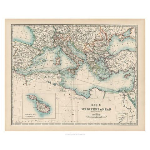 Johnstons Map of the Mediterranean White Modern Wood Framed Art Print by Johnston