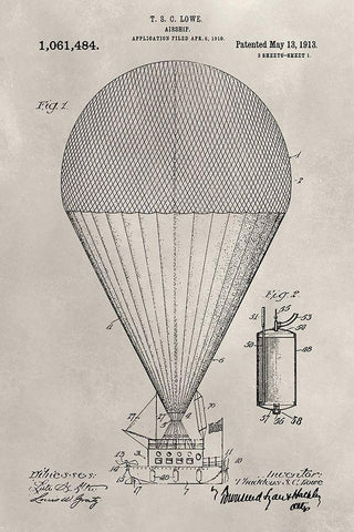 Patent--Hot Air Balloon Black Ornate Wood Framed Art Print with Double Matting by Ludwig, Alicia