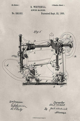 Patent--Sewing Machine White Modern Wood Framed Art Print with Double Matting by Ludwig, Alicia