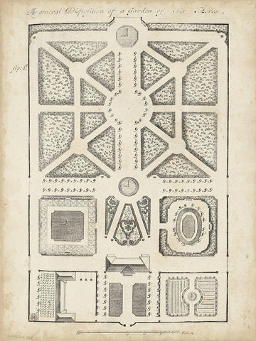 Antique Garden Design V Black Ornate Wood Framed Art Print with Double Matting by d Argenville, DeZallier