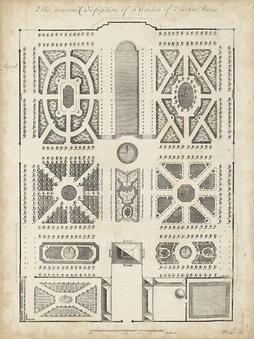 Antique Garden Design VI White Modern Wood Framed Art Print with Double Matting by d Argenville, DeZallier