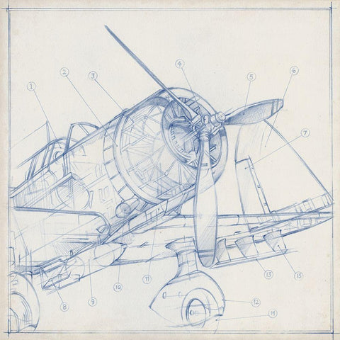 Airplane Mechanical Sketch I White Modern Wood Framed Art Print with Double Matting by Harper, Ethan