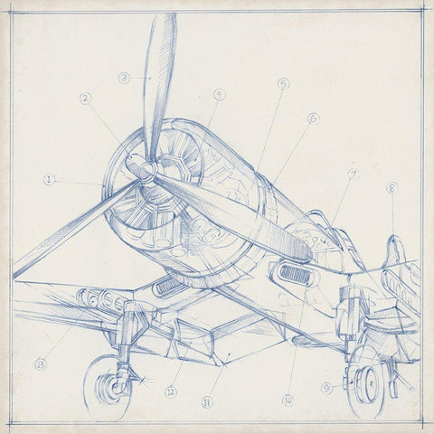 Airplane Mechanical Sketch II White Modern Wood Framed Art Print with Double Matting by Harper, Ethan