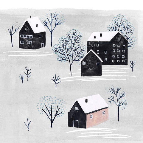 Snowy Village II White Modern Wood Framed Art Print with Double Matting by Wang, Melissa