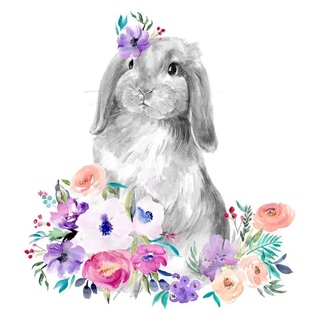 Bright Floral Bunny I White Modern Wood Framed Art Print with Double Matting by Parker, Jennifer Paxton