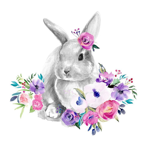 Bright Floral Bunny II White Modern Wood Framed Art Print with Double Matting by Parker, Jennifer Paxton