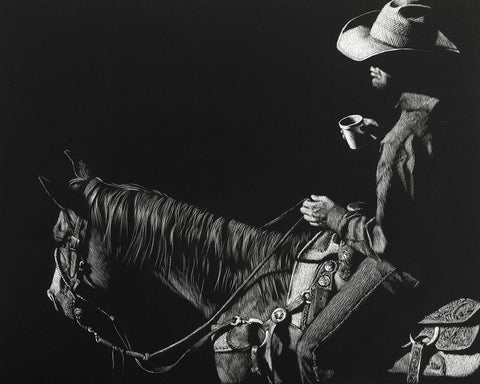 Cowboy Scratchboard I Black Ornate Wood Framed Art Print with Double Matting by Chapman, Julie T.