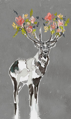 Deer and Flowers I White Modern Wood Framed Art Print with Double Matting by Goldberger, Jennifer