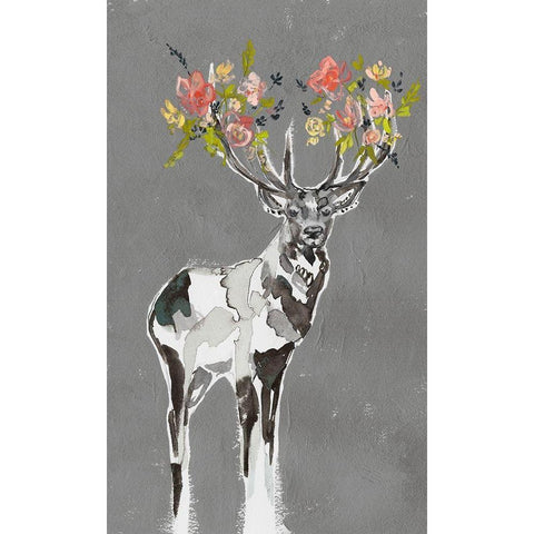 Deer and Flowers I Black Modern Wood Framed Art Print with Double Matting by Goldberger, Jennifer