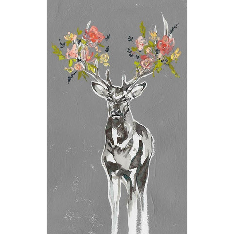 Deer and Flowers II Gold Ornate Wood Framed Art Print with Double Matting by Goldberger, Jennifer