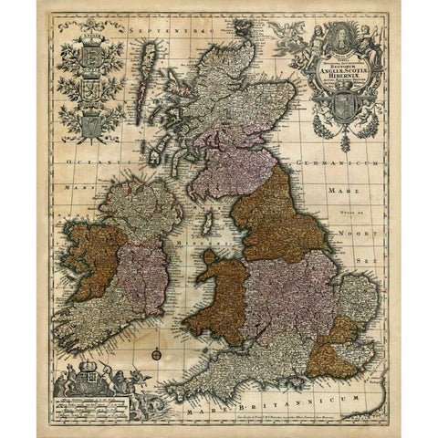 Map of England, Scotland and Ireland Black Modern Wood Framed Art Print with Double Matting by Unknown