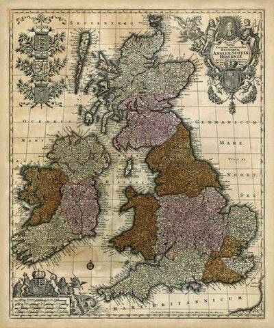 Map of England, Scotland and Ireland Black Ornate Wood Framed Art Print with Double Matting by Unknown