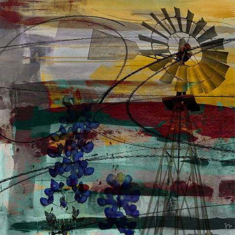 40x40 Windmill and Blue Bonnets (ASH) White Modern Wood Framed Art Print with Double Matting by Jasper, Sisa