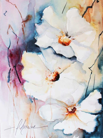 Blooms Aquas I White Modern Wood Framed Art Print with Double Matting by Leticia Herrera