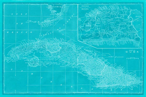 Map of Cuba in Aqua Black Ornate Wood Framed Art Print with Double Matting by Vision Studio