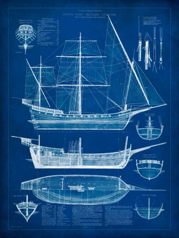 Ship Blueprint I Black Ornate Wood Framed Art Print with Double Matting by Studio