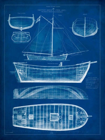 Ship Blueprint II White Modern Wood Framed Art Print with Double Matting by Studio