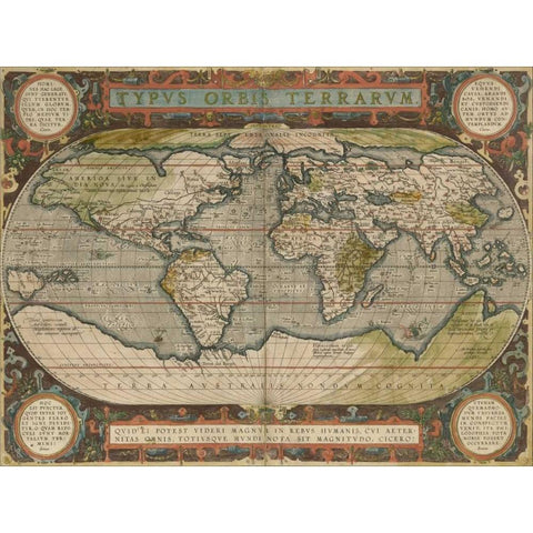 Antique World Map 36x48 Black Modern Wood Framed Art Print with Double Matting by Vision Studio