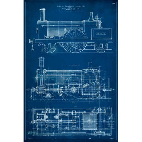 Locomotive Blueprint I Gold Ornate Wood Framed Art Print with Double Matting by Vision Studio