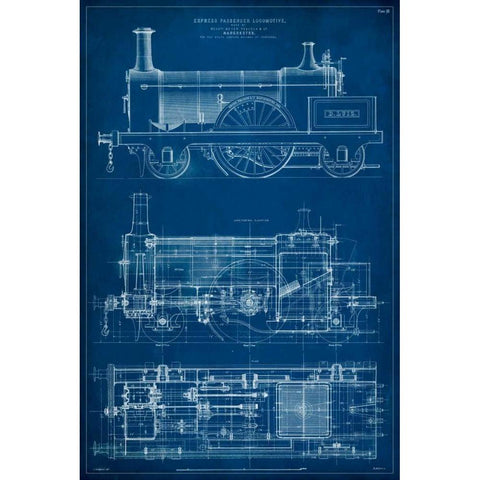 Locomotive Blueprint I White Modern Wood Framed Art Print by Vision Studio
