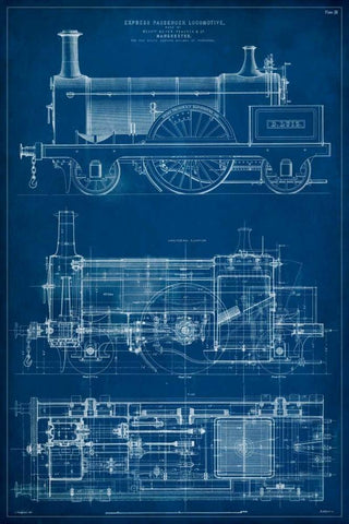 Locomotive Blueprint I Black Ornate Wood Framed Art Print with Double Matting by Vision Studio