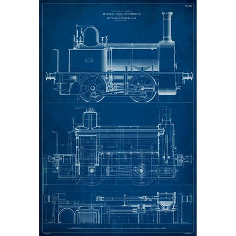 Locomotive Blueprint II Black Modern Wood Framed Art Print with Double Matting by Vision Studio