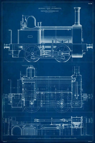 Locomotive Blueprint II Black Ornate Wood Framed Art Print with Double Matting by Vision Studio