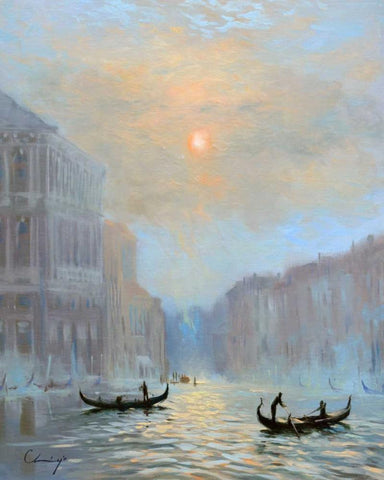 Venice Morning Mist Black Ornate Wood Framed Art Print with Double Matting by Larivey, Chuck
