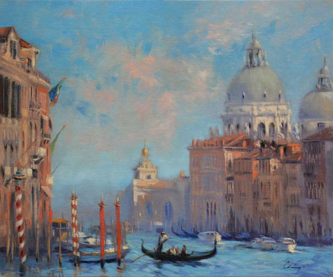 Venice Grand Canal Black Ornate Wood Framed Art Print with Double Matting by Larivey, Chuck