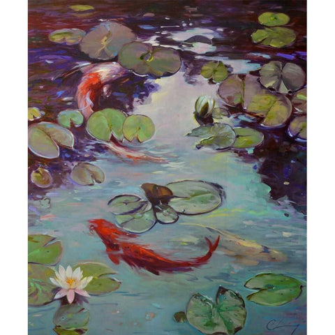 Red Koi and Lilies Gold Ornate Wood Framed Art Print with Double Matting by Larivey, Chuck