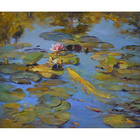 Koi and Lilies II Gold Ornate Wood Framed Art Print with Double Matting by Larivey, Chuck