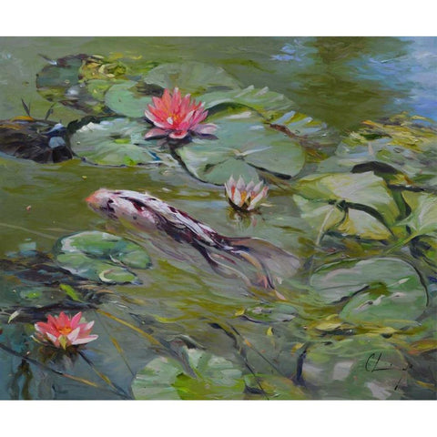 Koi and Lilies III Black Modern Wood Framed Art Print with Double Matting by Larivey, Chuck