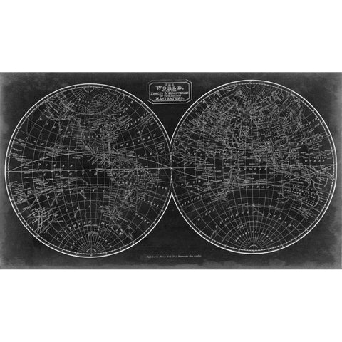 Blueprint of the World in Hemispheres Black Modern Wood Framed Art Print with Double Matting by Vision Studio
