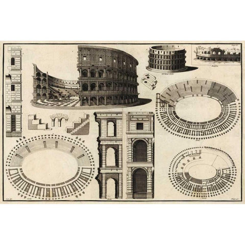 Diagram of the Colosseum Black Modern Wood Framed Art Print by Unknown