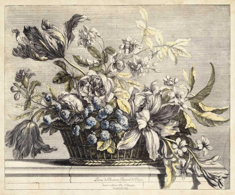 Vintage Basket of Flowers I Black Ornate Wood Framed Art Print with Double Matting by Baptiste, Giovanni