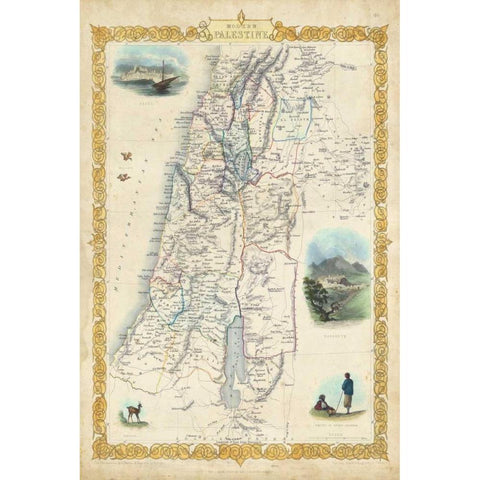 Vintage Map of Palestine Gold Ornate Wood Framed Art Print with Double Matting by Rapkin, J.